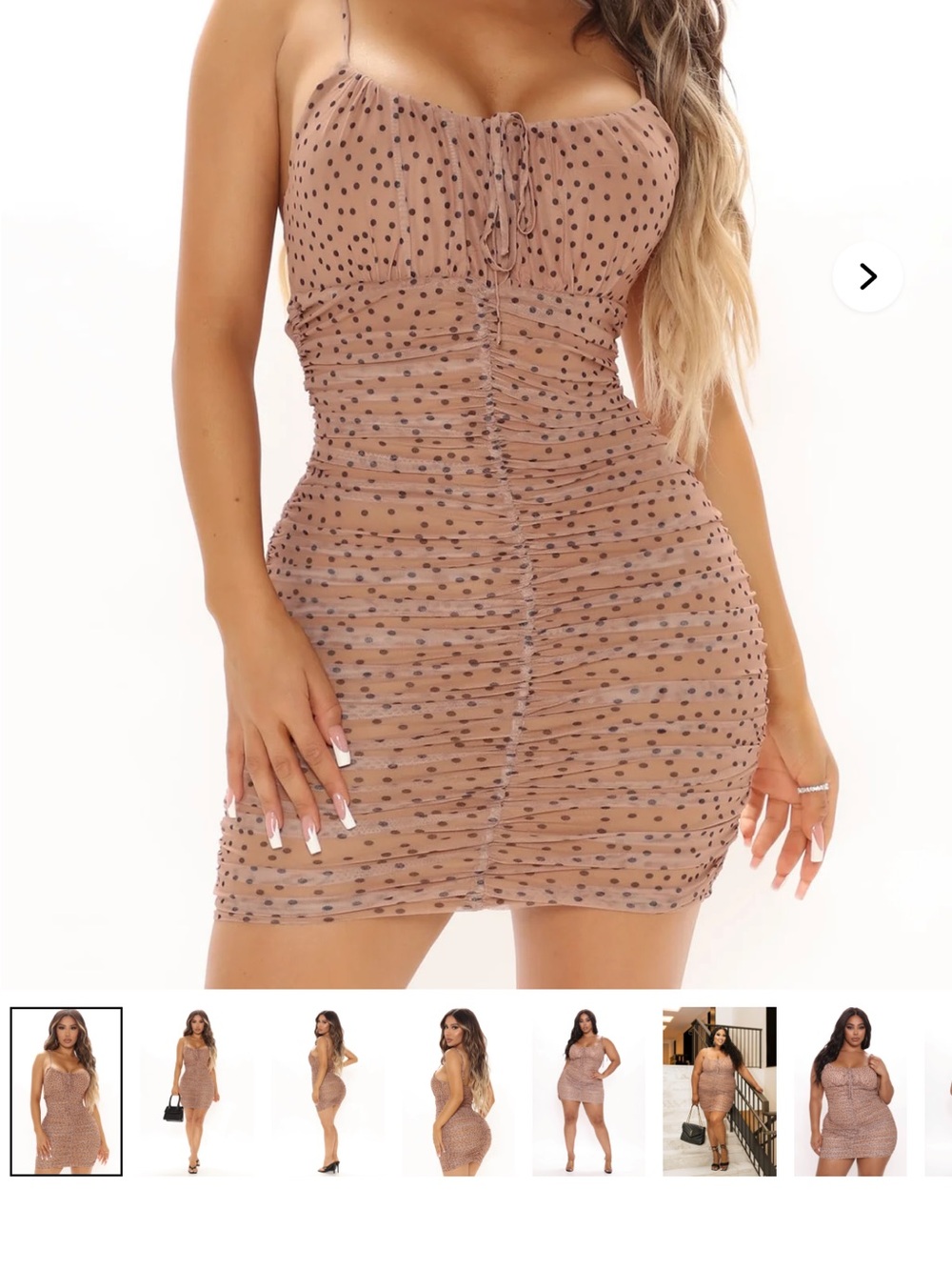 Fashion Nova Tan Polka Dot Ruched Mini Dress